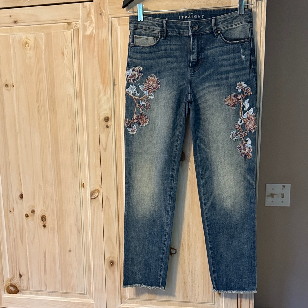 WHBM  straight leg jeans with floral embroidery on front